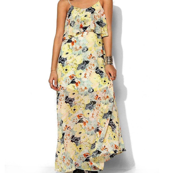 UO Love Sadie Floral Watercolor CHIFFON MaXi DRESS - Picture 2 of 7